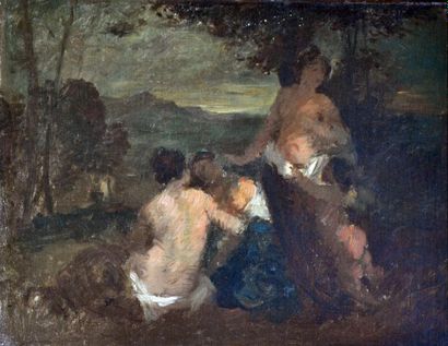 null DELORME, XIXe. Trois nus féminins en sous-bois. Huile sur toile portant une...
