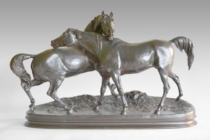 null Pierre-Jules MÈNE (1810-1879) L'accolade. Bronze à patine brune signée. 45 x...