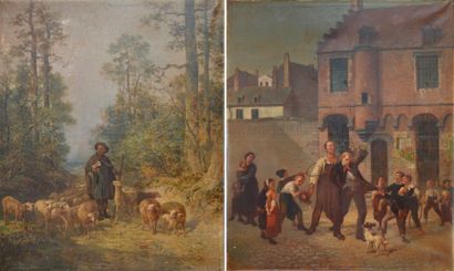null Jules LEONARD (1827-1897) Les buveurs et berger et son troupeau. Paire d'importantes...