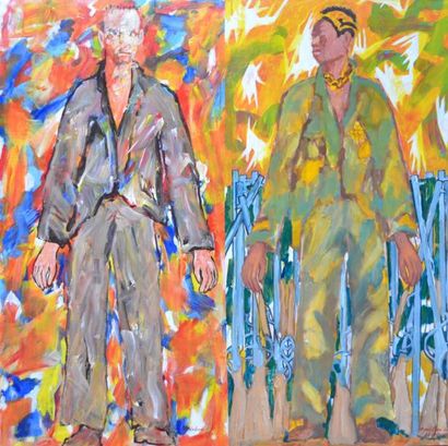 null Jean DESSAIGNE (1939). Rimbaud & Ménélik. Huile sur toile. 150 x 150 cm
