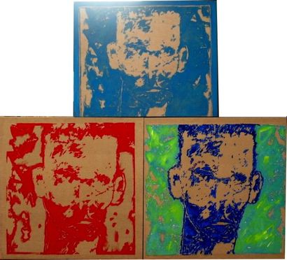 null Jean DESSAIGNE (1939). Portrait indigo, rouge et bleu. Trois huiles sur toiles...