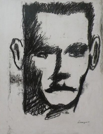 null Jean DESSAIGNE (1939). Portrait de Rimbaud. Crayons graphiques sur huile sur...