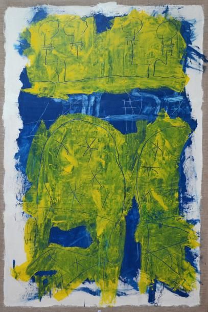 null Jean DESSAIGNE (1939). Composition jaune et bleue. Huile sur toile. 195 x 130...