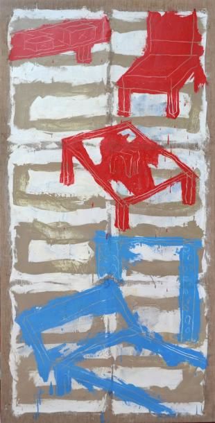 null Jean DESSAIGNE (1939). Intérieur rouge et bleu. Huile sur toile. 195 x 97 c...