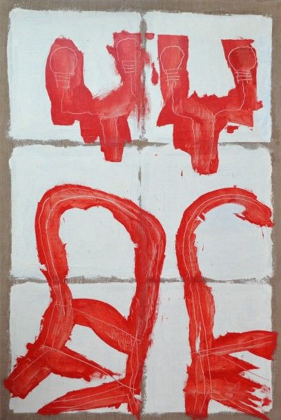 null Jean DESSAIGNE (1939). Chaises rouge. Huile sur toile. 195 x 130 cm