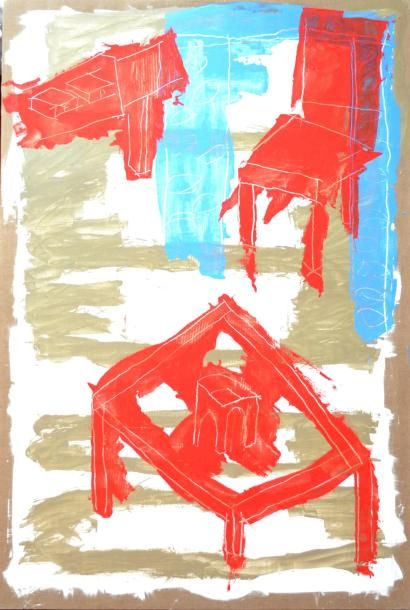 null Jean DESSAIGNE (1939). Salon rouge et bleu. Huile sur toile. 195 x 130 cm