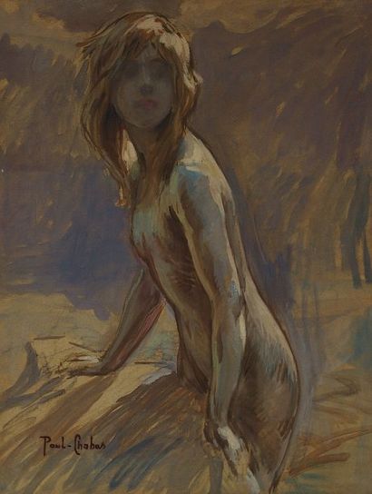 Paul CHABAS (1869-1937) Baigneuse au fond bleu Aquarelle et gouache signée en bas...