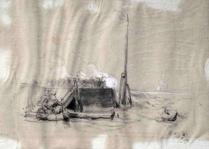 Eugène LE POITTEVIN (1806-1870) Barque de pêcheurs Dessin à la mine de plomb, monogrammé....