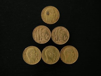 null SIX PIECES de 20 francs or: 4 Napoléon III non lauré 1856 (2) 1857 (1) 1859...