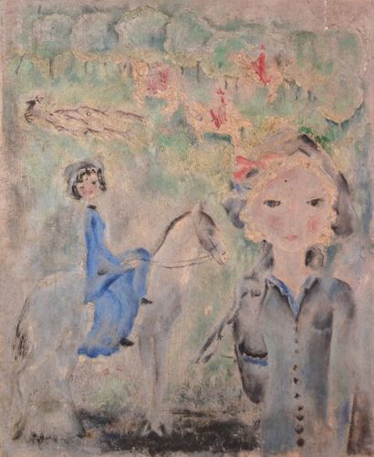 null Edith BERTRAND, XXe Jeune femme et cavalière. Huile sur panneau. 38 x 46 cm