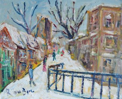 null Roland DUBUC (1924-1998) Montmartre sous la neige. Huile sur toile signée en...