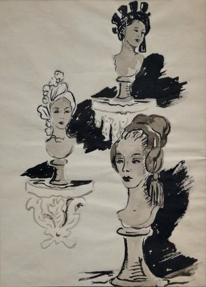 null Jean-François LAGLENNE (1899-1962). Buste de femmes. Encre et lavis d'encre....