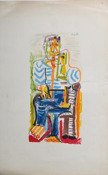 null Pablo PICASSO (1881-1973) (D’après) Homme assis fumant, 1964. Lithographie en...