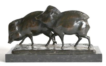 null Albert KRANZ (1893-1939?) Groupe de deux marcassins. Bronze à patine brune signée....
