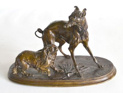 null Pierre-Jules MÈNE (1810-1879) Lévrier et King Charles à l'éventail. Bronze à...