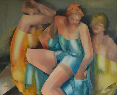 null Georgeta GRABROVSKI, née en 1954. Trois femmes. Huile sur toile signée en bas...