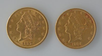 null DEUX PIECES de 20 dollars en or jaune 1897 tête de Liberty lettre S, et 1904...