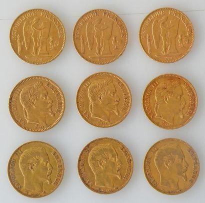 null NEUF PIECES de 20 francs or, trois Génie Ailé, trois Napoléon III lauré et trois...