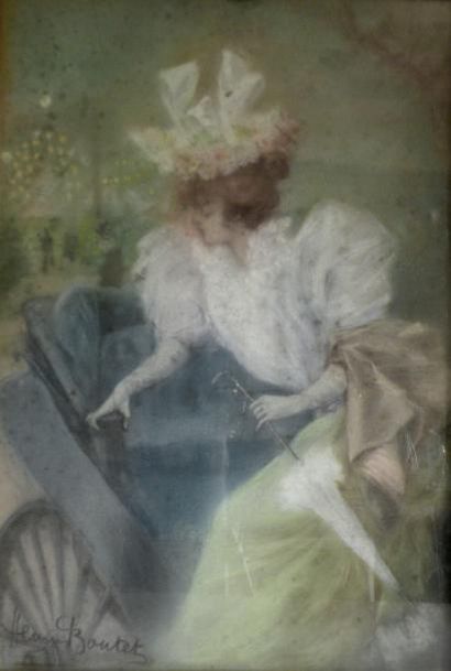 null Henri BOUTET, (1851 - 1919). Jeune élégante en calèche. Pastel signé en bas...