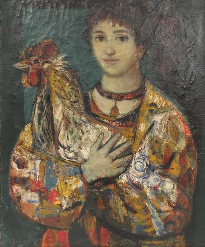 null Walter SPITZER (1927). Femme au coq. Huile sur toile signée en bas à gauche....