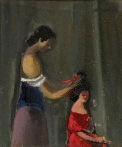 null Alfred ABERDAM (1894-1963). La coiffure. Huile sur toile sous verre signée en...