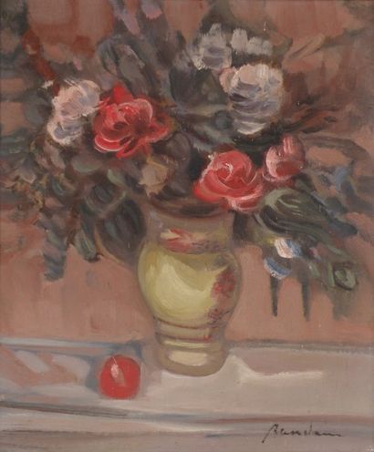 null Alfred ABERDAM (1894-1963). Bouquet de fleurs dans un vase jaune. Huile sur...