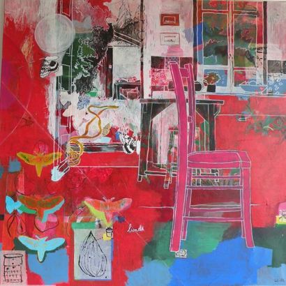 null Corinne LELONG (1965). La chaise rose. Huile sur toile datée au dos 2006 et...