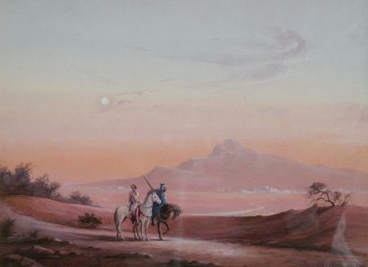 null École orientaliste Cavaliers au soleil couchant Gouache 22 x 30 cm 