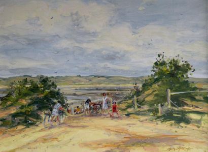 null *Georges YODJOGLOU (né en 1933). A la plage, le Touquet. Huile sur toile signée...