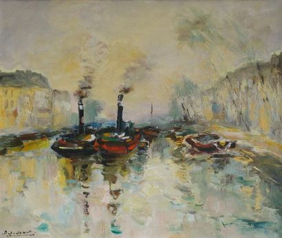 null *William Marcel CLOCHARD (1894 - 1990). Remorqueurs à Paris. Huile sur toile...