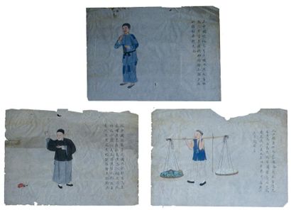 null *Ecole chinoise XIXe Trois personnages de la vie quotidienne Aquarelle et encre...