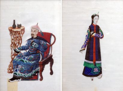 null Ecole chinoise XIXe. Mandarin assis et sa femme Paire d'aquarelles sur papier...