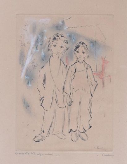 null André HAMBOURG (1909-1999). Deux petits bohémiens. Lithographie en couleurs...