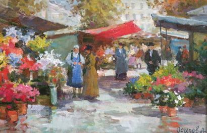 null A. OSSIPOV. Marché au fleurs. Huile sur toile marouflée signée en bas à droite....