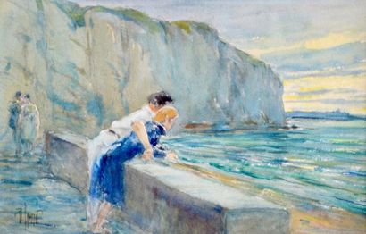 null René LEVERD (1872-1938) Couple en bord de mer. Aquarelle signée en bas à gauche....