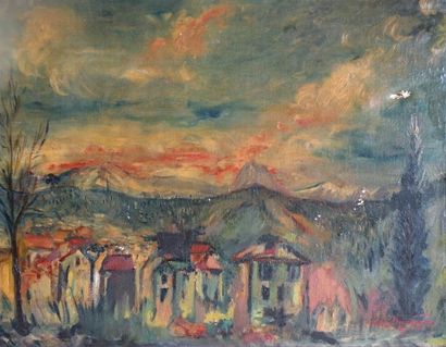 null Gustave BOURGOGNE (1888-1968), Paysage aux toits rouge, huile sur toile signée...