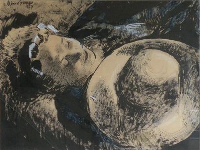  Henri Clément Serveau dit CLEMENT-SERVEAU (1886-1972). Femme endormie au chapeau....