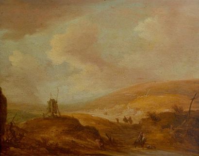 null Ecole hollandaise XVIIe, suiveur de VAN GOYEN. Paysage au moulin. Panneau. 37...