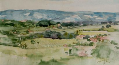 null Jean HULIN (1920). Paysage verdoyant, la montagne au loin. Aquarelle signée...