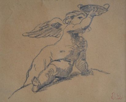 null Eugène DELACROIX (1798-1863) Etude d'ange tenant une coupe. Mine de plomb portant...