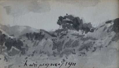 null Henri Joseph HARPIGNIES (1819-1916) Etude de bosquet. Lavis d'encre signé au...