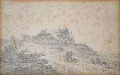 null Georges MICHEL (1763-1843) (Attribué à). Paysans et chien en campagne. (Taches...
