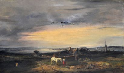 null Ecole française vers 1830 Paysanne et cheval en campagne, la mer en arrière...