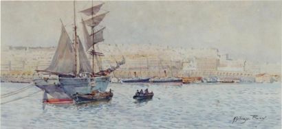 null Alphonse REY (1865-1938) Voilier devant le port d'Alger. Aquarelle signée en...