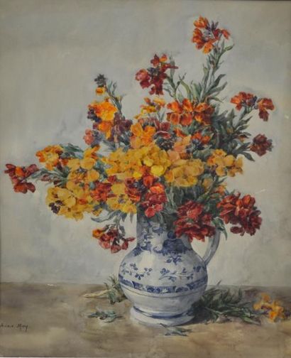null Anna MAY, XIXe-XXe. Vase de fleurs. Aquarelle signée en bas à gauche. 56;5 x...