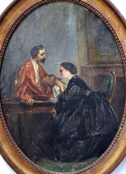 null Ecole française XIXe. Couple assis. Huile sur toile à vue ovale. (Petits manques)....