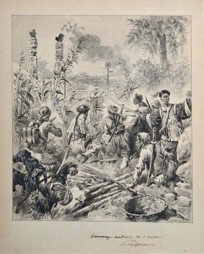 null Paul A. KAUFFMANN (1849-?) Soldats chinois. Encre de Chine et lavis d'encre,...