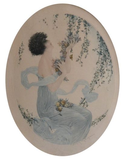 null Maurice MILLIÈRE (1871-1946) Femme à la guirlande de fleurs. Gravure en couluers...