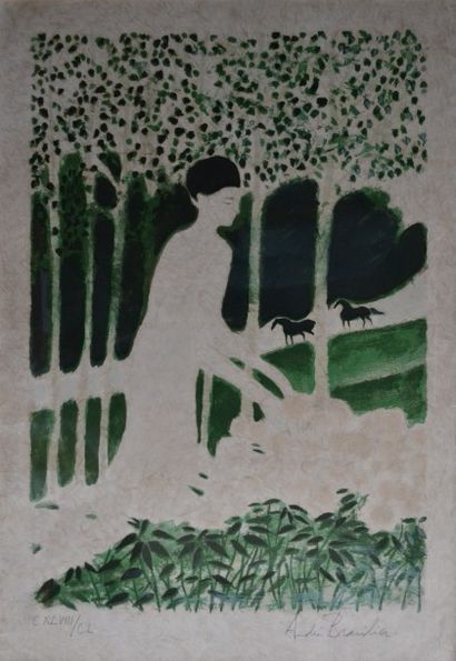 null André BRASILIER, né en 1929. Femme et chevaux. Lithographie sur papier japon,...