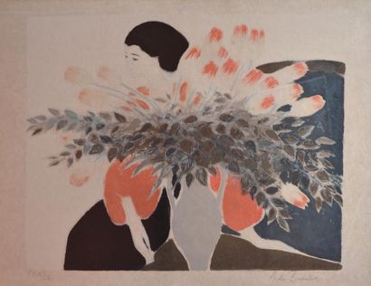 null André BRASILIER, né en 1929. Femme au vase de fleurs. Lithographie sir papier...